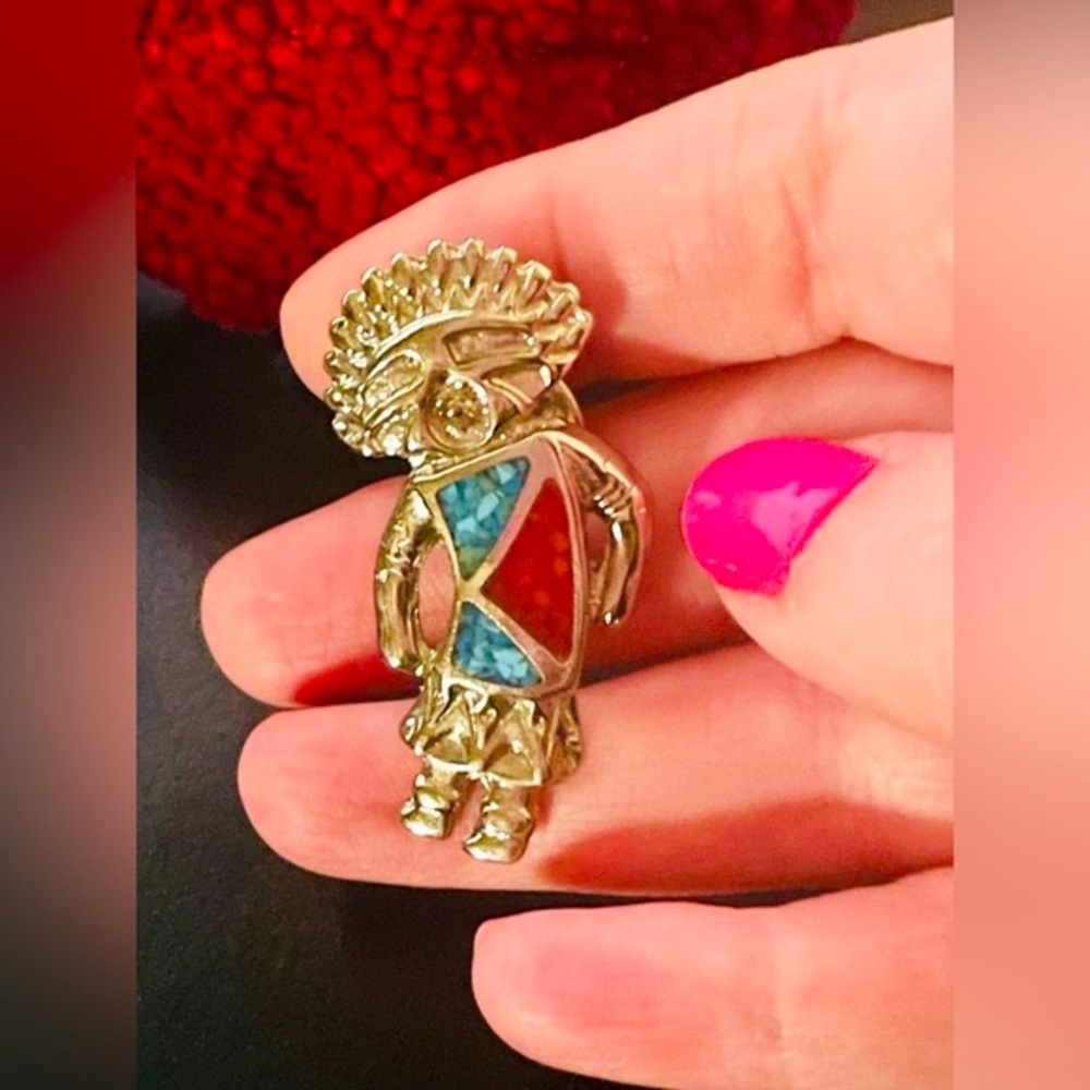 Vintage Kachina Silver and Turquoise Lapel Pin